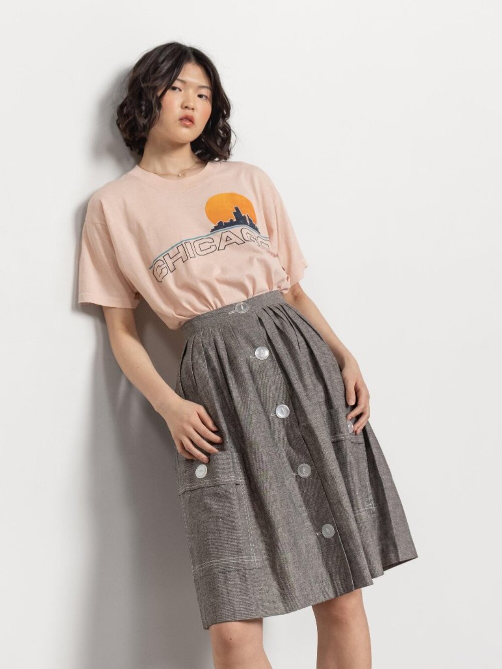 Vintage Grey Severe Pleated Skirt Linen Knee Length Xs / 24 Inch Waist - Picture 8 of 10